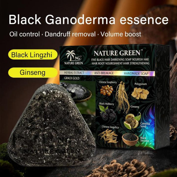 Nature Green Black Ganoderma Hair Darkening Soap – Anti Dandruff Herbal Hair Soap with Ginseng & Black Lingzhi