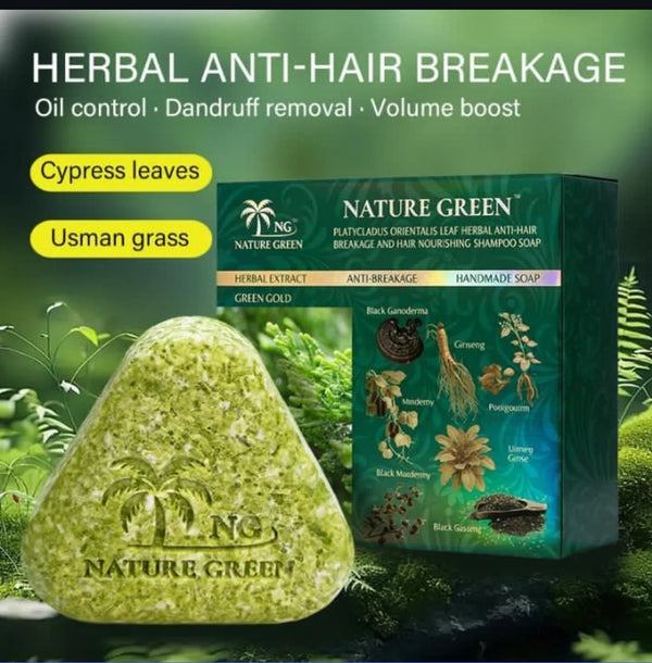 Nature Green Herbal Anti Hair Breakage Shampoo Soap – Oil Control & Anti Dandruff Hair Soap with Cypress Leaves & Usman Grass